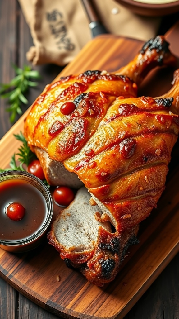 Crispy pork knuckle on a cutting board with savory gravy and herbs in the background.